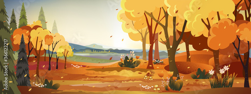 Fantasy panorama landscapes of Countryside in autumn,Panoramic of mid autumn with farm field, mountains, wild grass and leaves falling from trees in yellow foliage. Wonderland landscape in fall season