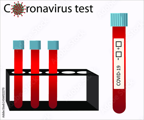 Coronavirus test. Vector. Test COVID-19 dangerous influenza virus in the blood vial and test kit. Can be used in medical materials, banners, posters, magazines. Vector white background isolated.