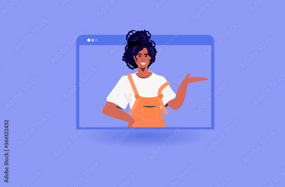 woman having virtual conference during video call remote work quarantine isolation concept african american girl in web browser window portrait vector illustration