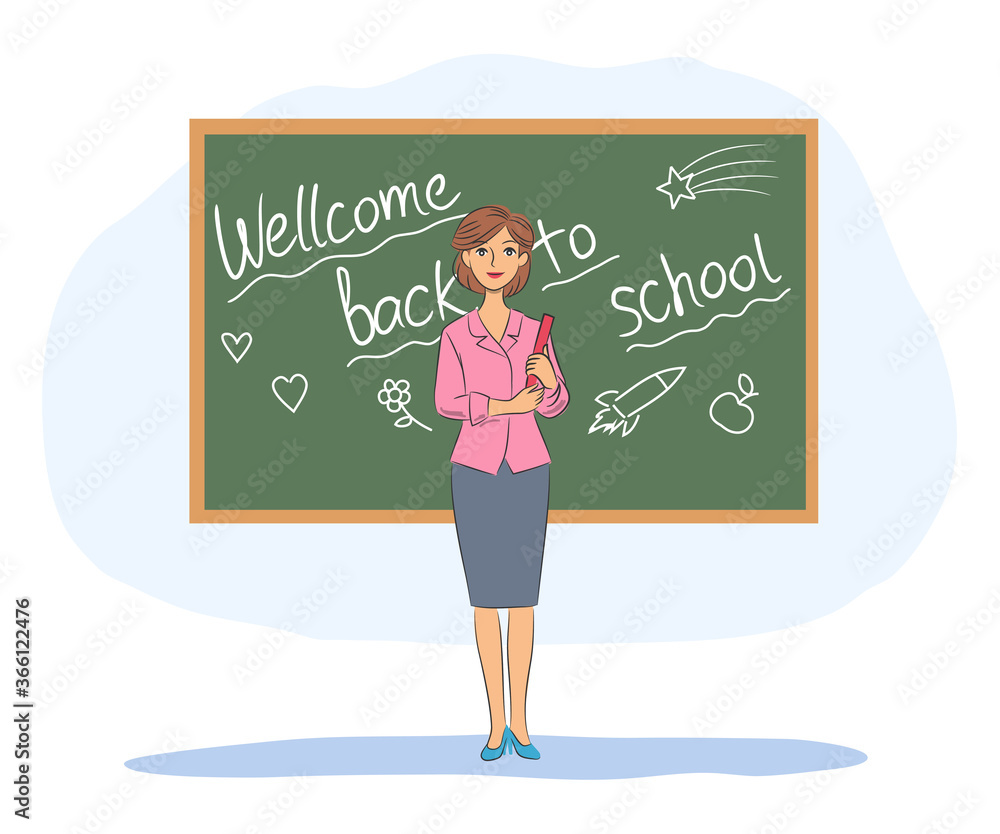 Happy teacher holding book. Welcoming greeting back to school for kids on blackboard. Start of education. Vector illustration. Happy teacher holding book. Welcoming greeting back to school for kids on blackboard. Start of education. Vector illustration.