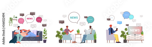 set mix race people reading and discussing daily news chat bubble communication concept full length horizontal vector illustration