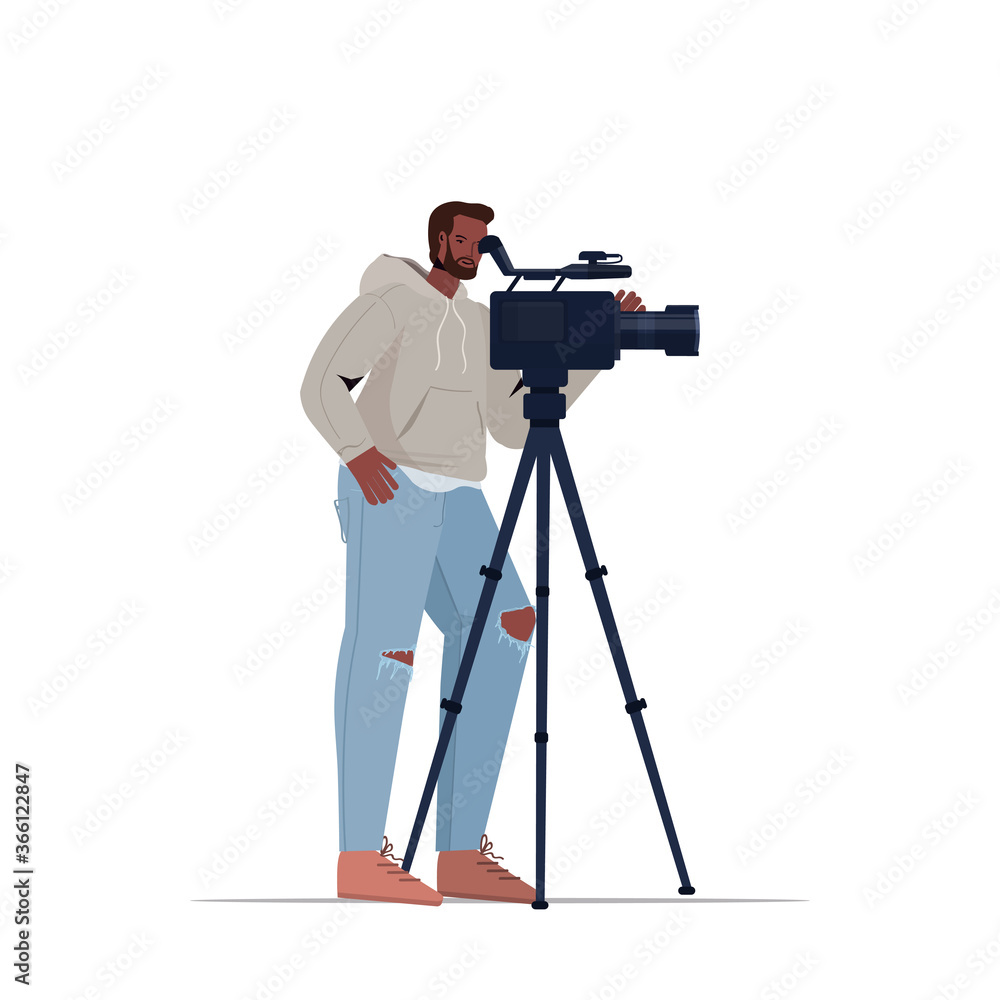 african american television operator using video camera on tripod cameraman looking through camcorder movie making concept full length vector illustration