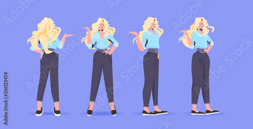 set woman in casual trendy clothes female cartoon character standing pose different angles view full length horizontal vector illustration