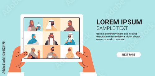 human hands using tablet pc chatting with arabic friends during video call arab people having virtual live conference communication concept horizontal copy space vector illustration