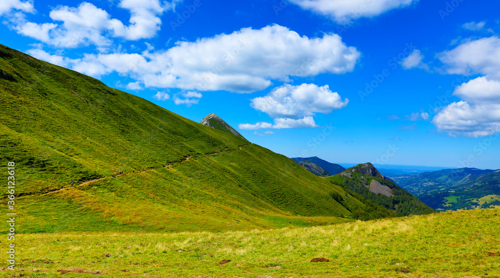 beautiful Cantal landscape in France- hiking trail in mountain-Puy Mary, Puy Griou