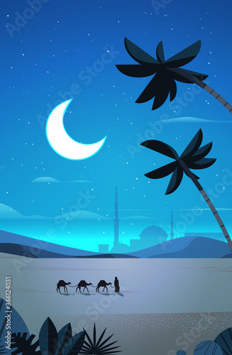 caravan of camels going through night desert eid mubarak greeting card ramadan kareem template arabic landscape vertical full length vector illustration