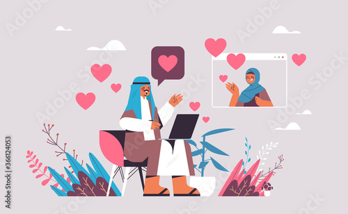 arab man chatting with woman in online dating app arabic couple discussing during virtual meeting social relationship communication concept horizontal vector illustration