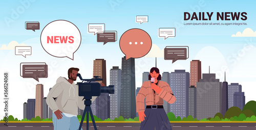 male operator with female reporter presenting live news journalist and cameraman doing report together movie making concept cityscape horizontal copy space portrait vector illustration