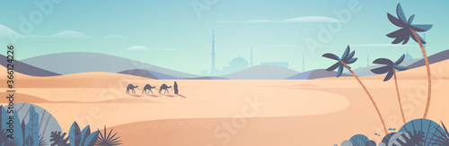 caravan of camels going through desert eid mubarak greeting card ramadan kareem template arabic landscape horizontal vector illustration