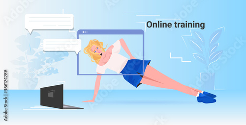 young woman doing yoga fitness exercises online training healthy lifestyle concept girl watching tutorials on laptop horizontal copy space vector illustration