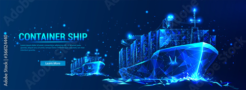 Container ship, cargo ship in a futuristic polygonal style with a skeleton, low poly triangles on a blue background with stars. Marine Logistics Banner. World cargo ship. Vector illustration