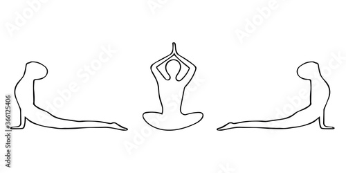 man practices yoga in lotus position, cobra banner border hand drawn in doodle style. vector, scandinavian, monochrome. element for design sticker, card, poster, flyer. namaste, karma meditation