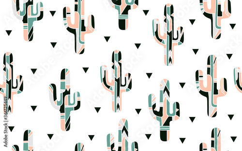 Seamless Pattern with Cactus and Triangles. Repeating hand drawn Background. ...