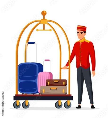 Bellboy with hotel luggage trolley person isolated