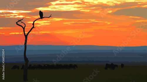 Tree, vulture on the background of the sunset
