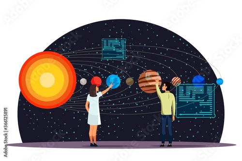 Woman and man studying information about planets of solar system