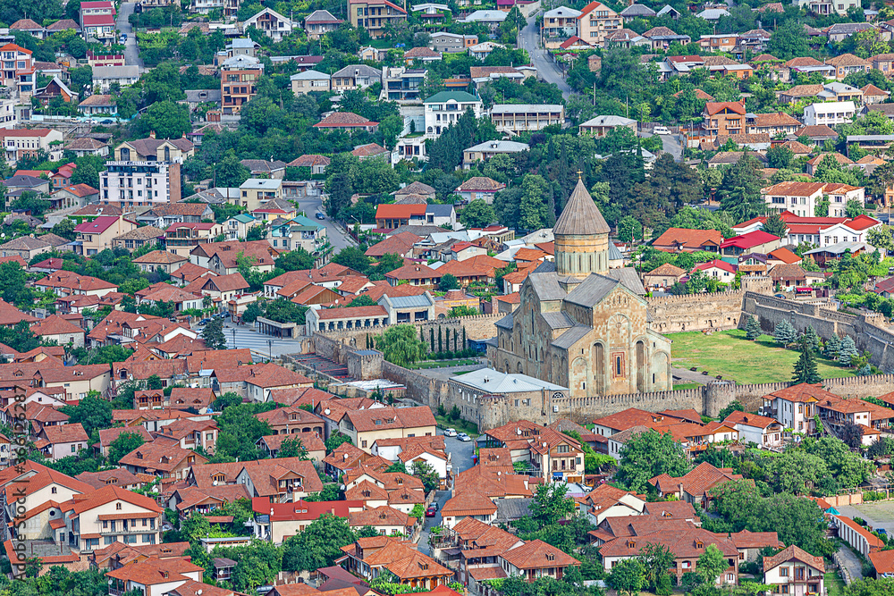 Aerial view over the old town Mtskheta and the Cathedral of Svetitskhoveli in Georgia, Caucasus