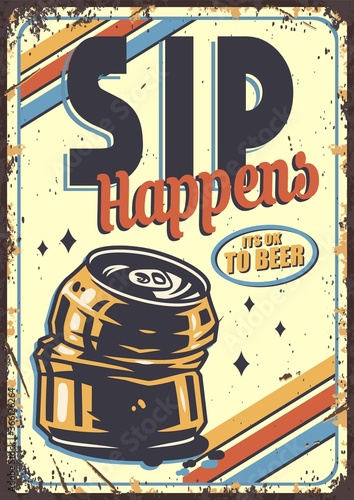 Retro poster with beer crumpled can for pub