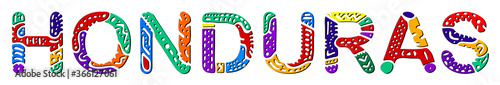 Honduras. Multicolored bright isolate inscription. Colored curves decorative doodle letters, line. Honduras for print, clothing, t-shirt, souvenir, booklet, banner, flyer, ads. Stock vector picture.