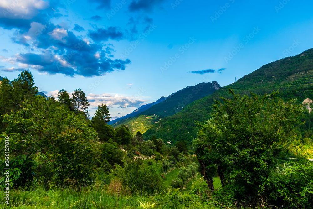 A picturesque landscape view of the Alps mountains in the evening (Puget-Theniers, Alpes-Maritimes, France)