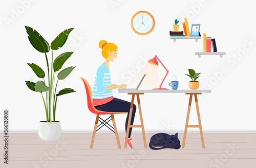 Freelancer, young woman working at home with laptop in a living room. Apartments interior with chair, plants, pictures, shelf, books, cat, desk, lamp. Home office. Vector illustration