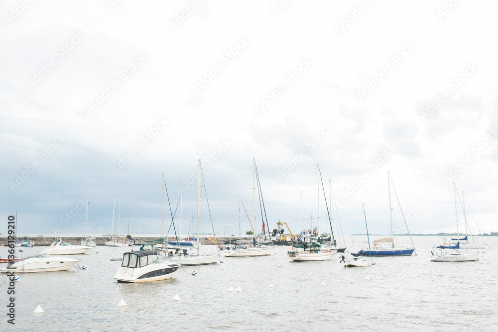 Sailboats at anchor, view from the yacht dock in Colonia del Sacramento, Uruguay