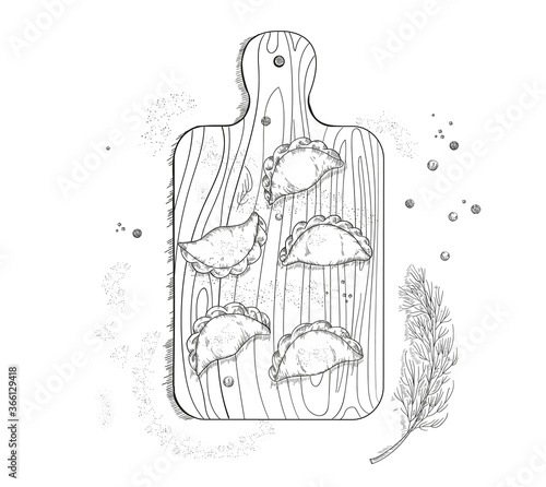 Vareniki on a wooden chopping board vector illustration. 