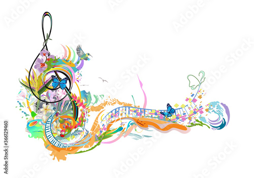 Abstract treble clef decorated with summer and spring flowers, palm leaves, notes, birds. Hand drawn musical vector illustration.