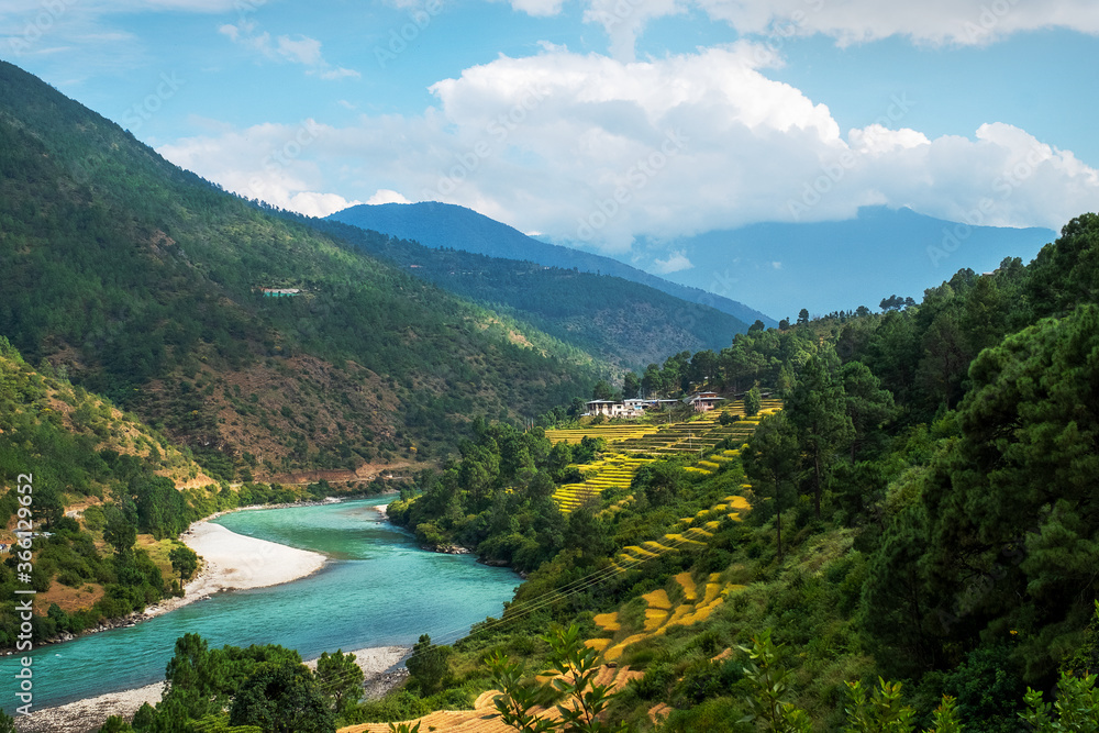 Punakha landscape edged by Pho Chhu River and the Himalayas, Punakha, Bhutan