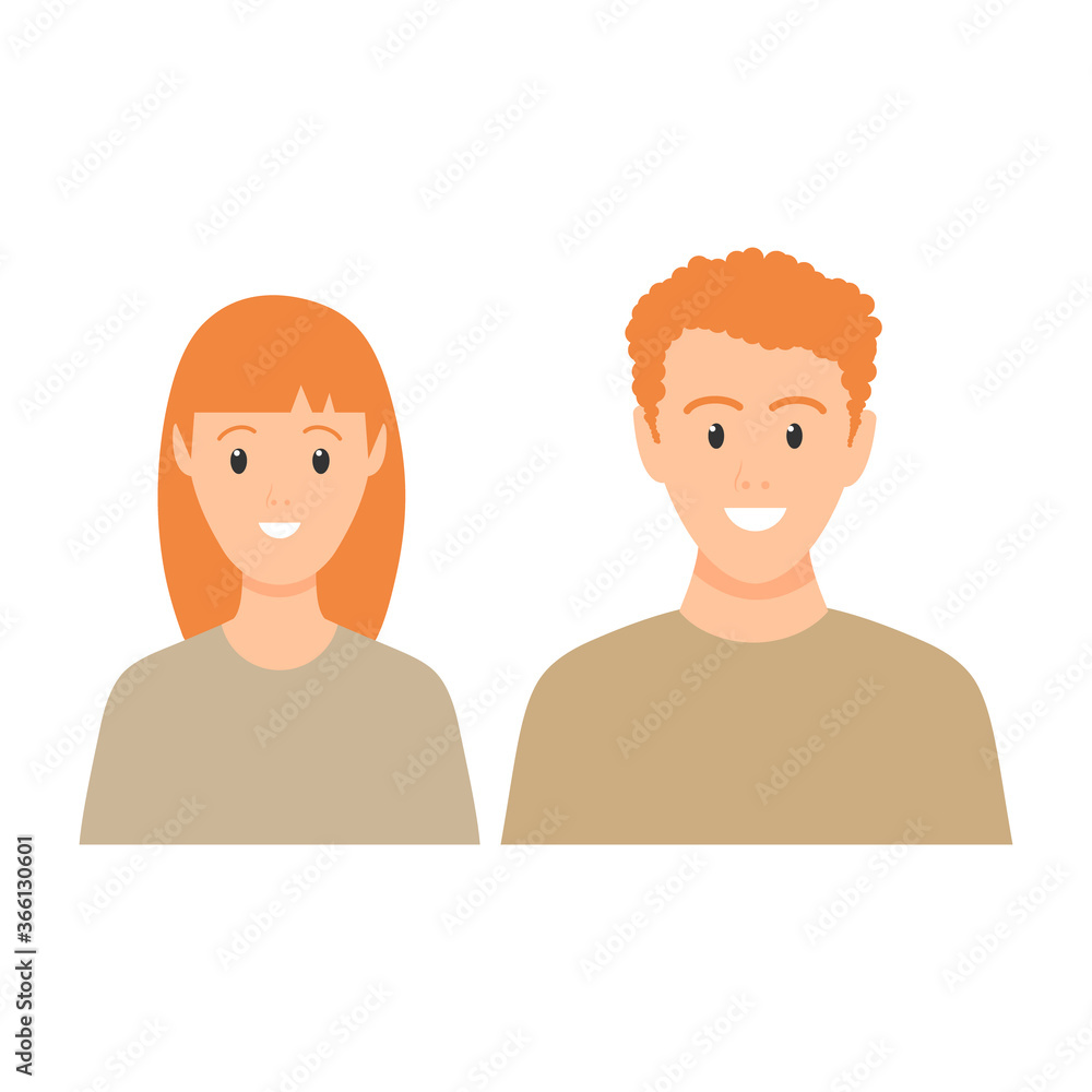 Happy young man and woman with red hair standing together. Lovely mature couple. Family flat illustration. Sister and brother vector isolated on white background. Romantic concept. Wife and husband. Happy young man and woman with red hair standing together. Lovely mature couple. Family flat illustration. Sister and brother vector isolated on white background. Romantic concept. Wife and husband.
