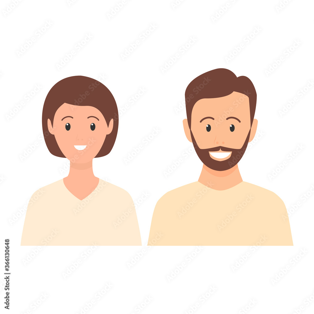 Happy young man and woman standing together. Lovely mature couple. Family flat illustration. Sister and brother vector isolated on white background. Romantic concept. Wife and husband smiling. Happy young man and woman standing together. Lovely mature couple. Family flat illustration. Sister and brother vector isolated on white background. Romantic concept. Wife and husband smiling.