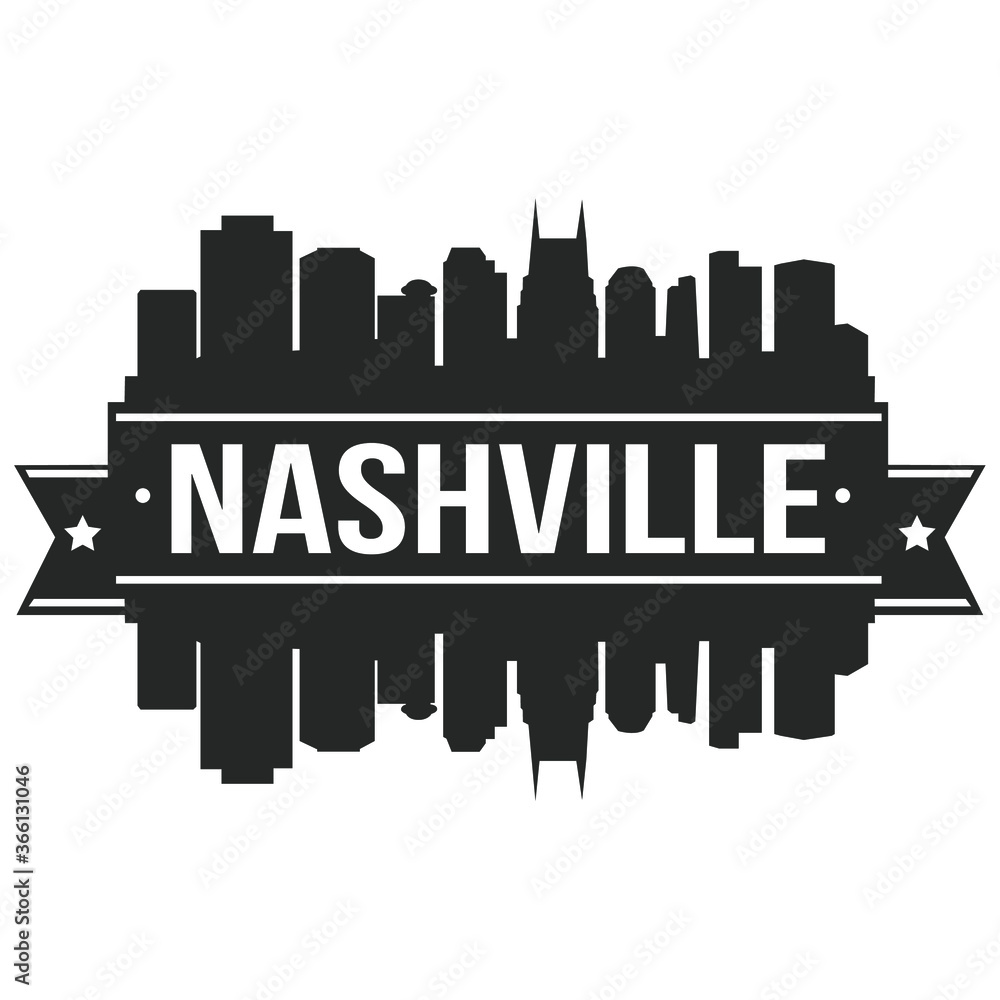 Nashville Skyline Stamp Silhouette. Reflection Landscape City Design. Vector Cityscape Icon.   