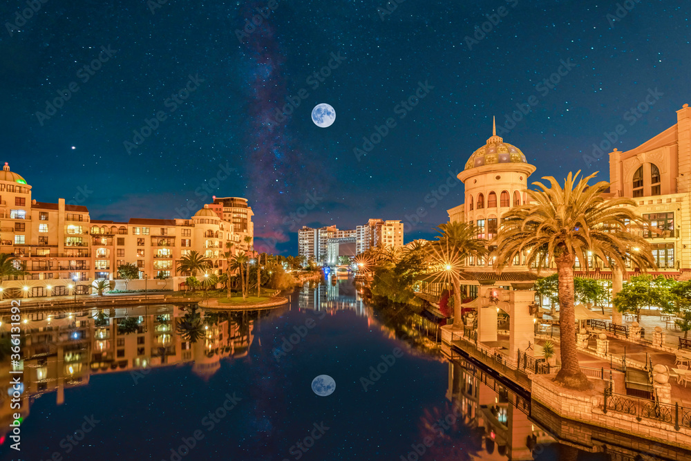 Canal walk century city at night with moon and stars in Cape Town South ...