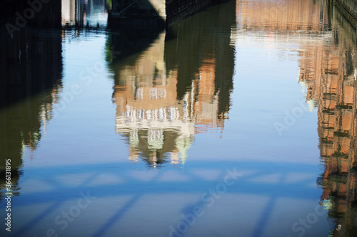 Hamburg, reflection of Wandrahmsfleet and  Holländischbrookfleet canals meeting, taken from Poggenmühlen-Brücke. photo