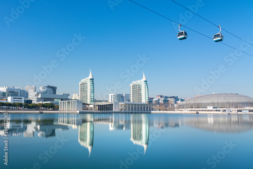 Reflection of Pavilhao de Portugal, Expo 98, with cable car, in Parque das Nacoes (Park of the Nations) photo
