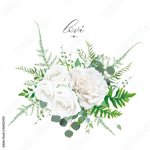 Floral bouquet: ivory white peony Rose flowers, Eucalyptus branch, greenery forest fern, asparagus leaves & plants botanical vector illustration. Elegant wedding invitation, invite, save the date card