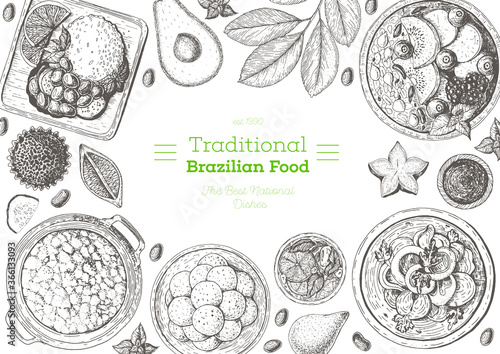 Brazilian cuisine top view frame. Brazilian food menu design with acai, feijoada, moqueca, farofa, pao de queijo. Vintage hand drawn sketch vector illustration.