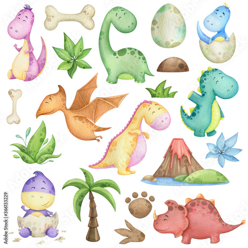 Photography watercolor set with dinosaurs and design elements