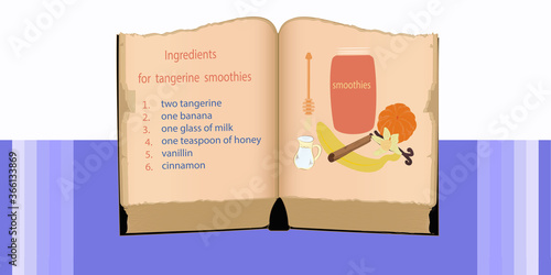 Ancient recipe book, tangerine smoothie, ingredients banana peeled tangerine vanilla honey - hand drawings - vector