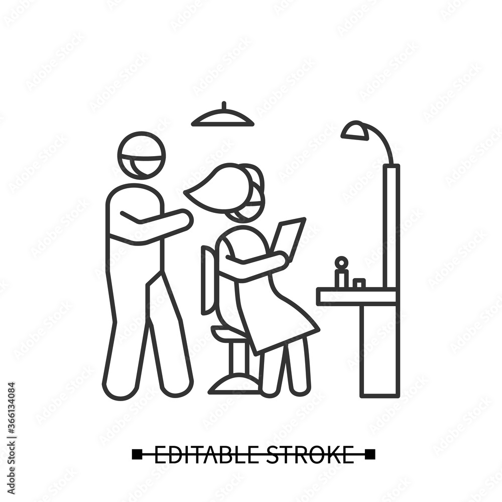 Covid haircut icon. Beauty salon social distancing linear pictogram. Concept of beauty parlor lockdown end and corona virus pandemic safety regulations. Editable stroke vector illustration Covid haircut icon. Beauty salon social distancing linear pictogram. Concept of beauty parlor lockdown end and corona virus pandemic safety regulations. Editable stroke vector illustration