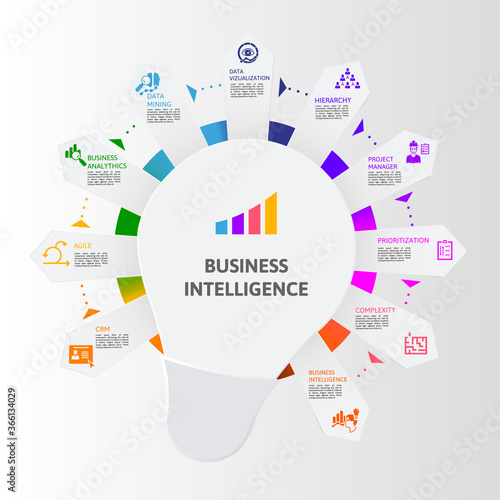 Infographic Business Intelligence template. Icons in different colors. Include Crm, Agile, Business Analytics, Data Mining and others.