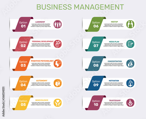 Infographic Business Management template. Icons in different colors. Include Leadership, Personal Development, Positive Psychology, Autonomy and others.