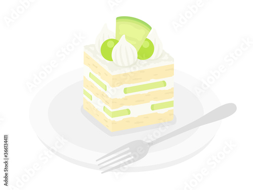 皿にのせたメロンのショートケーキのイラスト