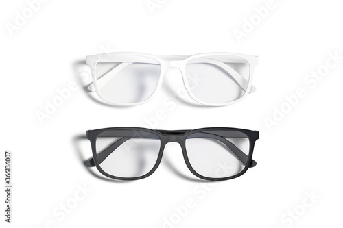 Blank black and white eye glasses mockup set, top view