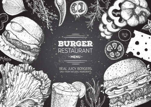 Burgers and ingredients for burgers vector illustration. Fast food, junk food frame. American food. Elements for burgers restaurant menu design. Engraved image, retro style.