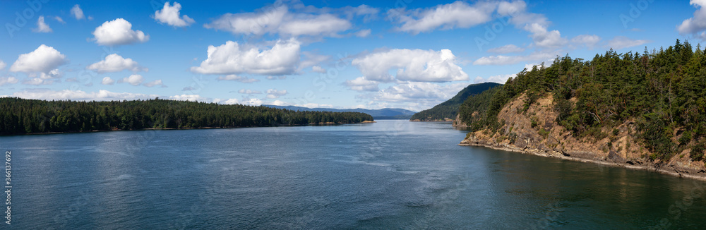Panoramic View of Beautiful Gulf Islands during a sunny day. Located near Galiano, Mayne and Vancouver Island, British Columbia, Canada. Nature Background Panorama Panoramic View of Beautiful Gulf Islands during a sunny day. Located near Galiano, Mayne and Vancouver Island, British Columbia, Canada. Nature Background Panorama