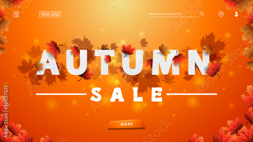 Autumn sale, orange discount banner with 3D white great headline with autumn leafs, frame of autumn leaves around, large offer and button. Discount banner for website