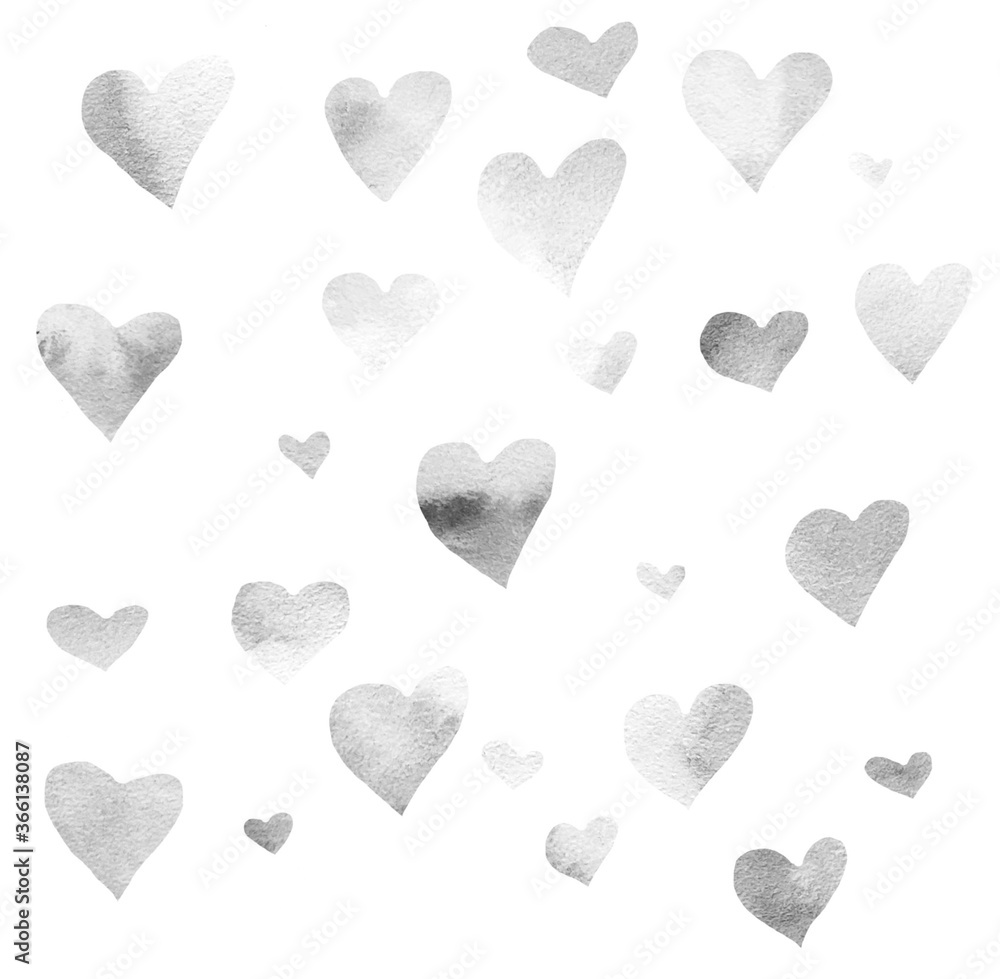 Watercolor hearts seamless background. Gray watercolor heart pattern. watercolor romantic texture.