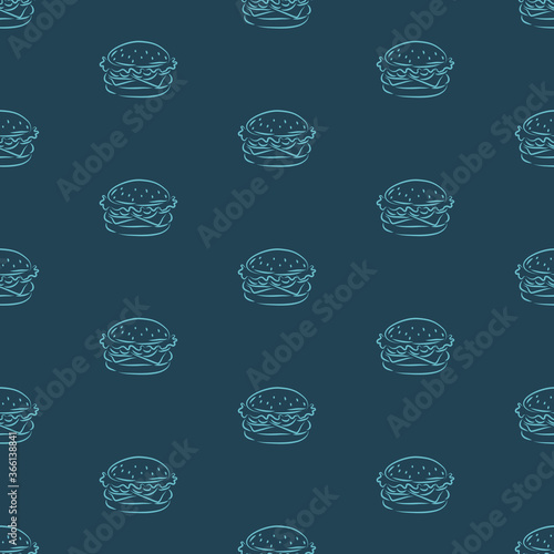 Burger hand drawn pattern. Seamless vector illustration isolated on blue background.