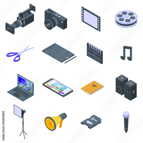 Video editing icons set. Isometric set of video editing vector icons for web design isolated on white background